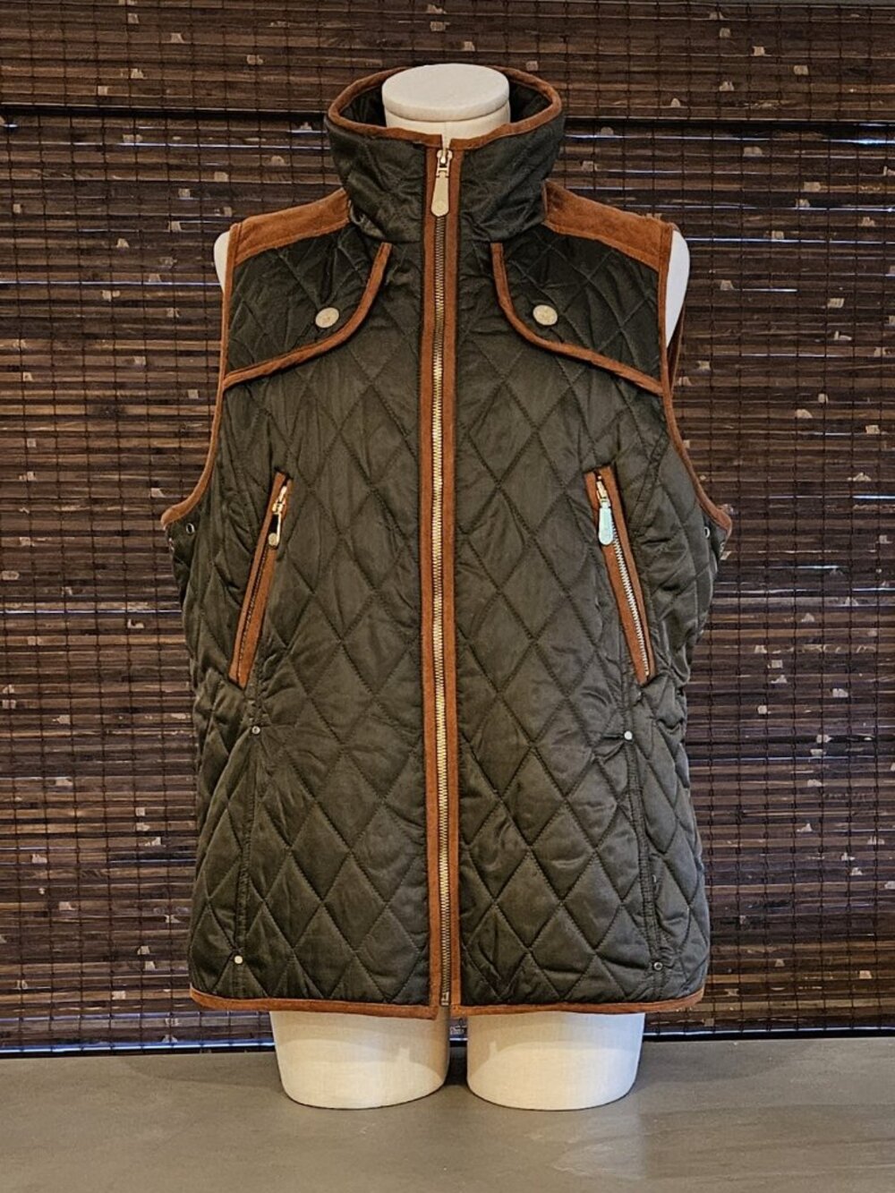 Vince Camuto Hunter Green & Suede Brown Women's Quilted Vest Size Large